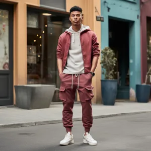 Man modeling casual streetwear in urban setting.