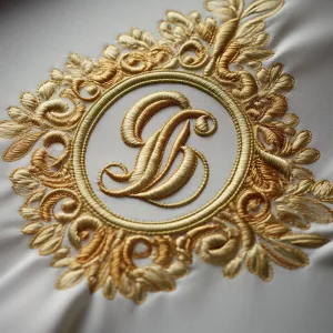Gold embroidered monogram on white satin fabric.