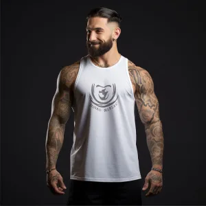 muscle tank wholesale c Man in tank top showcasing tattoos on dark background.