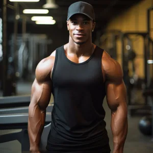 Muscular man in gym wearing tank top and cap.