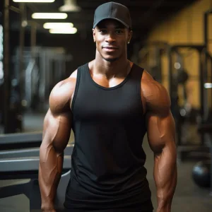 muscle tanks a Muscular man in gym wearing tank top and cap.