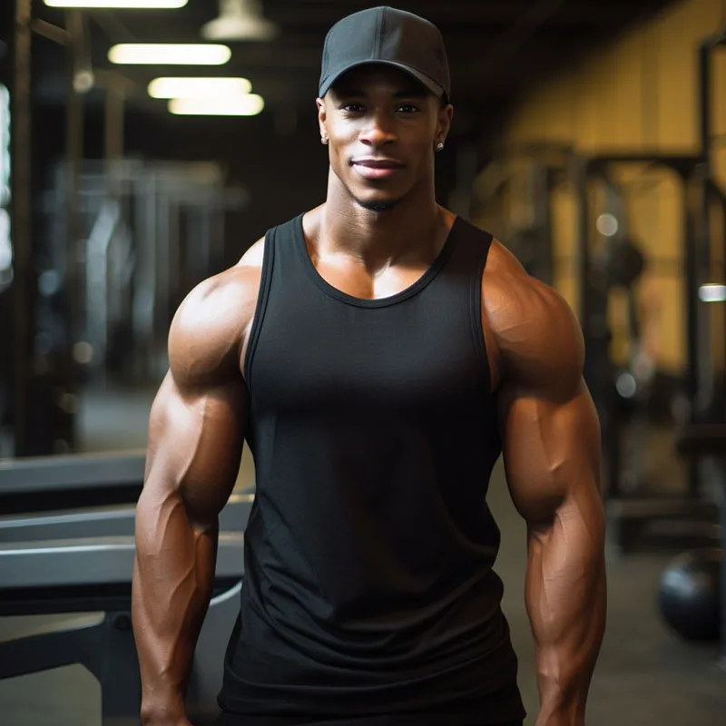 muscle tanks a jpg Muscular man in gym wearing tank top and cap.