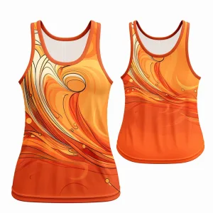 Women's orange swirl-patterned sports tank tops.