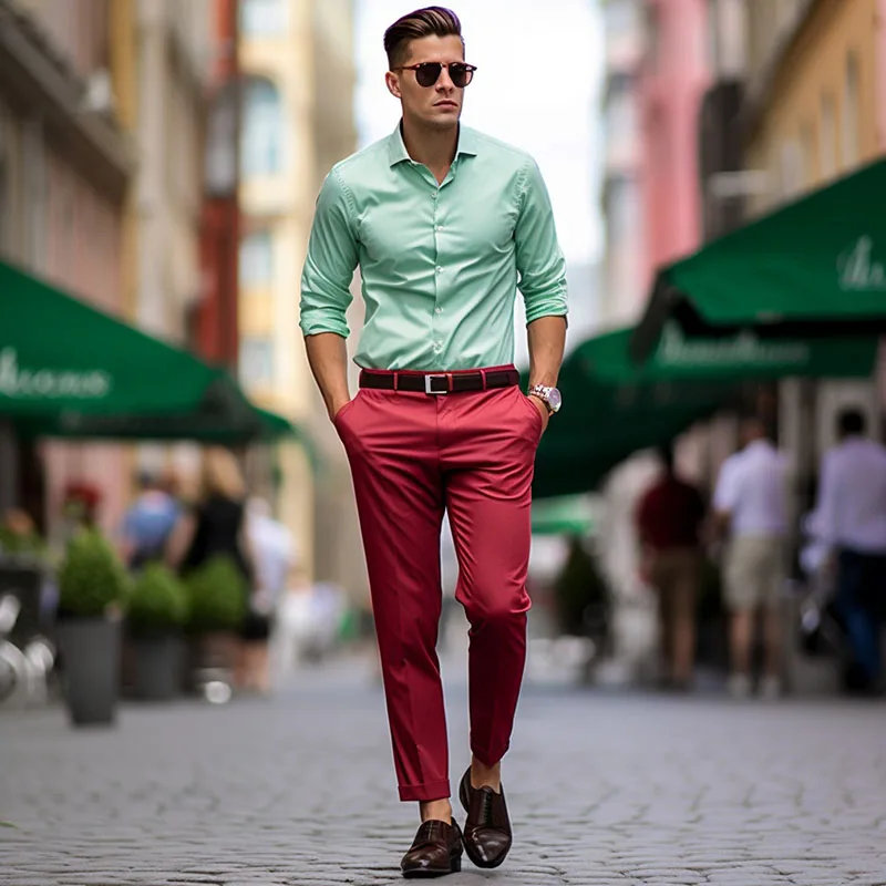 Man in stylish green shirt and red trousers outdoors.