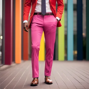 Man in colorful suit and brown shoes outdoors.