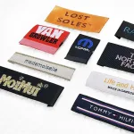 private label brands Assorted branded clothing labels on white background.