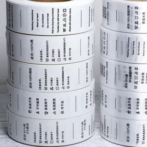 Rolls of printed product labels with barcodes.