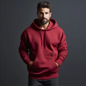 Man in red hoodie, casual fashion model.