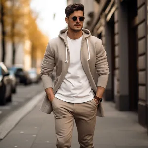 Man in stylish casual outfit with sunglasses walking outside.