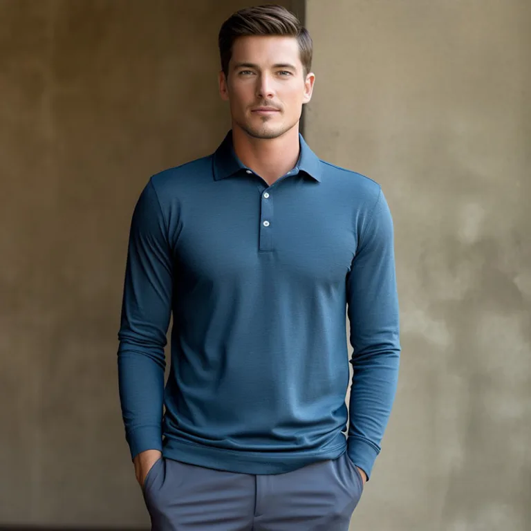 Man wearing blue long-sleeve polo shirt.