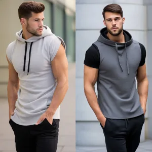 Man modeling sleeveless hooded tops in gray tones.