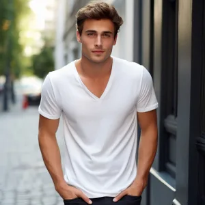 short sleeve v neck t shirt men a Man in white shirt posing on city street