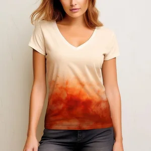 short sleeve v neck t shirts ladies a Woman modeling beige ombre-dyed t-shirt.