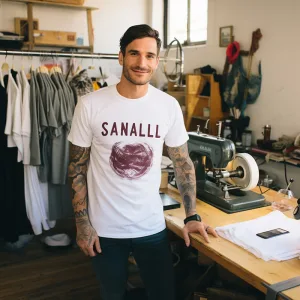 Man in branded t-shirt standing in a clothing workshop.