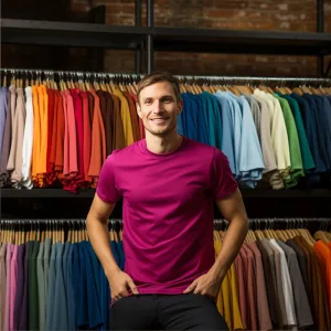 Man in purple shirt at clothing store.