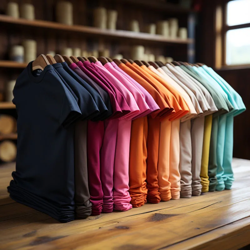 Assorted colorful folded t-shirts on display shelf.