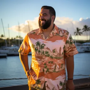 Man smiling in tropical print shirt by marina at sunset.