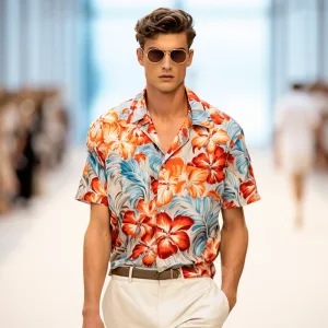 Man in floral shirt and sunglasses on runway.