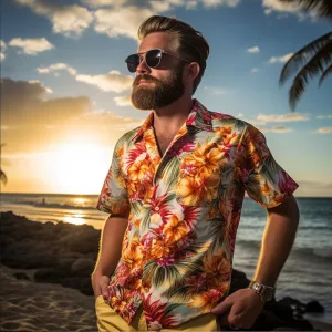 Man in floral shirt at beach sunset.