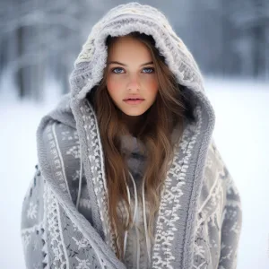 Woman in snowy forest wearing hooded winter sweater.