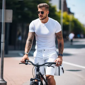 Stylish man with bicycle on urban street.