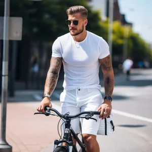 white biker shorts a Stylish man with bicycle on urban street.