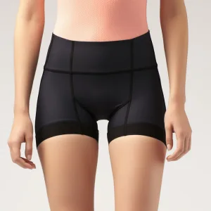 womens bike shorts a Woman wearing black high-waisted shapewear shorts.