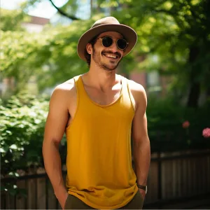 Man in yellow tank top and hat smiling outdoors.