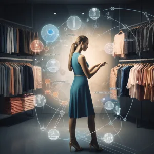 Woman with futuristic virtual interface in clothing store.