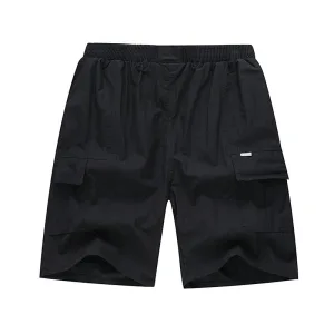 Black men's cargo shorts with elastic waistband.