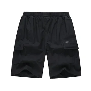 beach short set 2 1 Black men's cargo shorts with elastic waistband.
