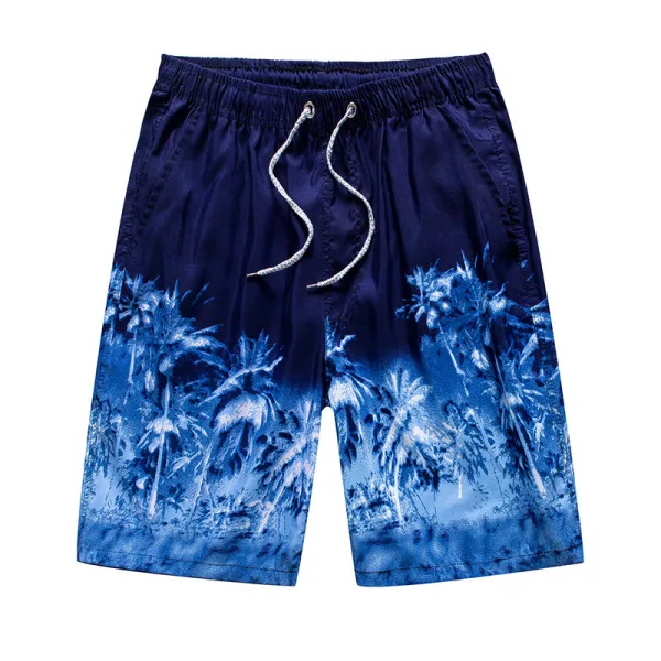 Men's blue palm tree print swim shorts.