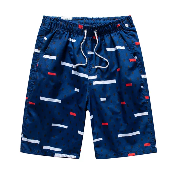 Blue patterned swim shorts with drawstring.