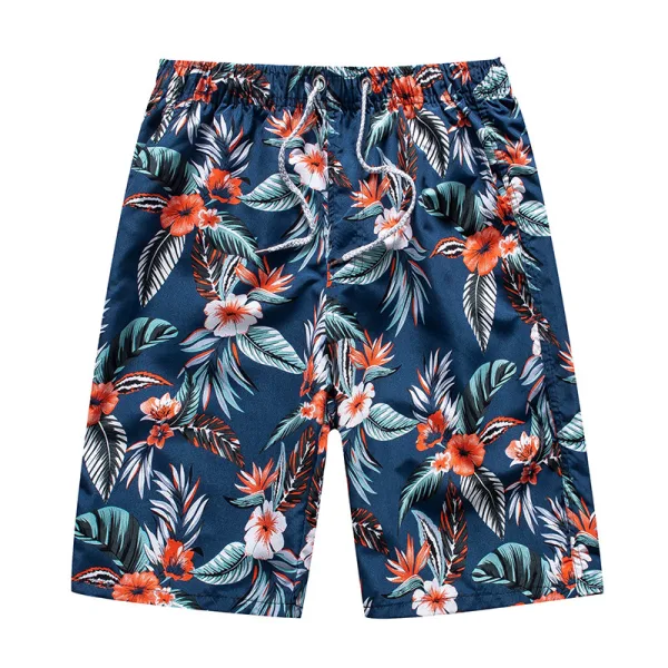 Men's tropical print board shorts.