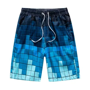 Blue checked swim shorts isolated on white background.