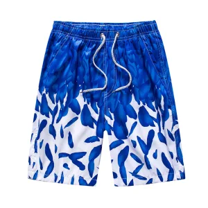 beach volleyball shorts 5 Blue and white patterned swim shorts.