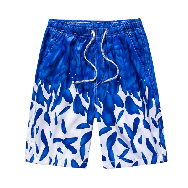 Blue and white patterned swim shorts.
