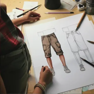 Artist drawing fashion design sketches on paper.