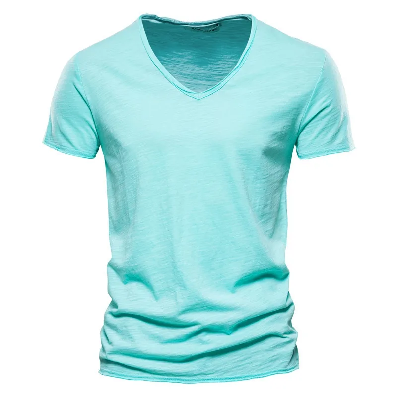 mens v neck t shirts 8 jpg Aqua blue v-neck t-shirt isolated on white background.