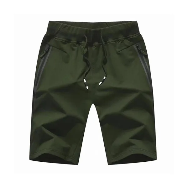 Green men's athletic shorts with zipper pockets.