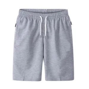 white beach shorts 1 Gray athletic shorts with drawstring and pockets.