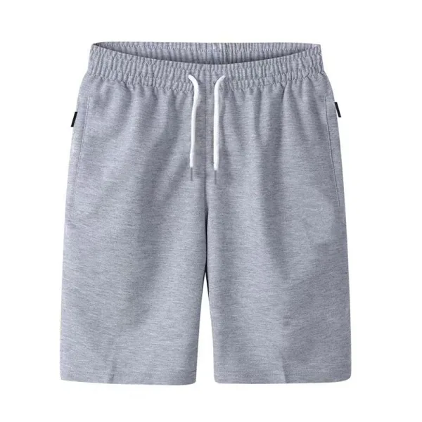 Gray athletic shorts with drawstring and pockets.