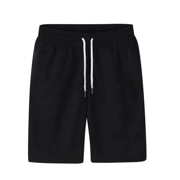 Black athletic shorts with white drawstring.