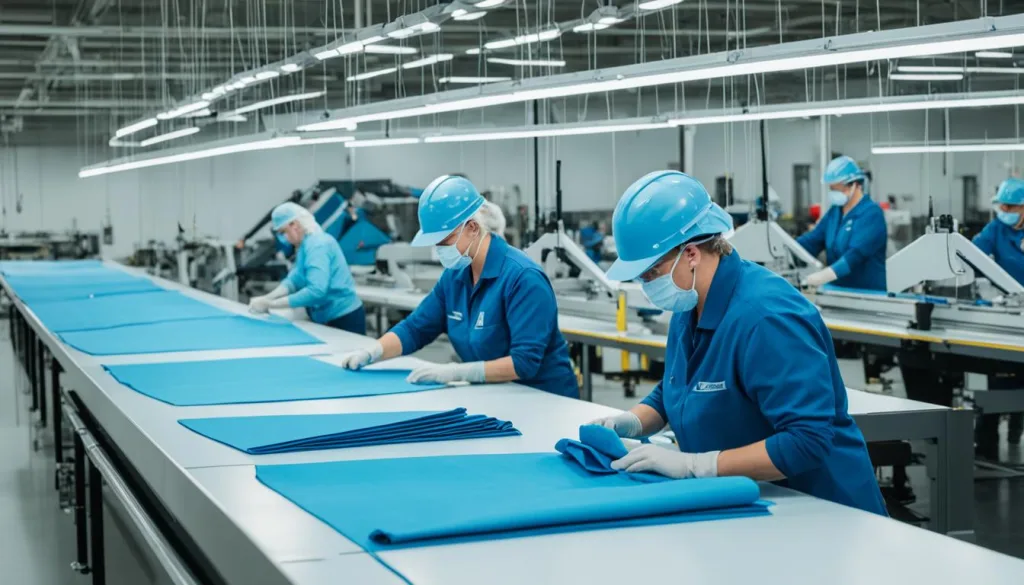 custom clothing manufacturers for startups guide c Workers in industrial facility assembling blue fabric products.