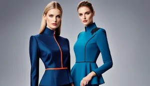 Two women modeling designer blue dresses.