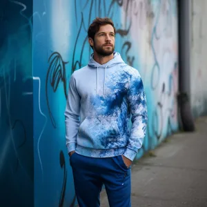Man in blue printed hoodie against graffiti wall.