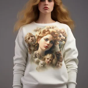 Woman modeling artistic Renaissance print sweatshirt