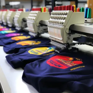 embroidery 002 Embroidery machines creating colorful designs on blue shirts.