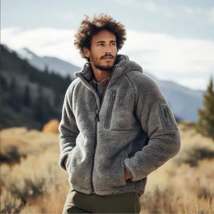 Man in fleece jacket outdoors, mountain scenery.