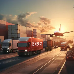 global reach local service Trucks and airplane in logistics and transportation scene.